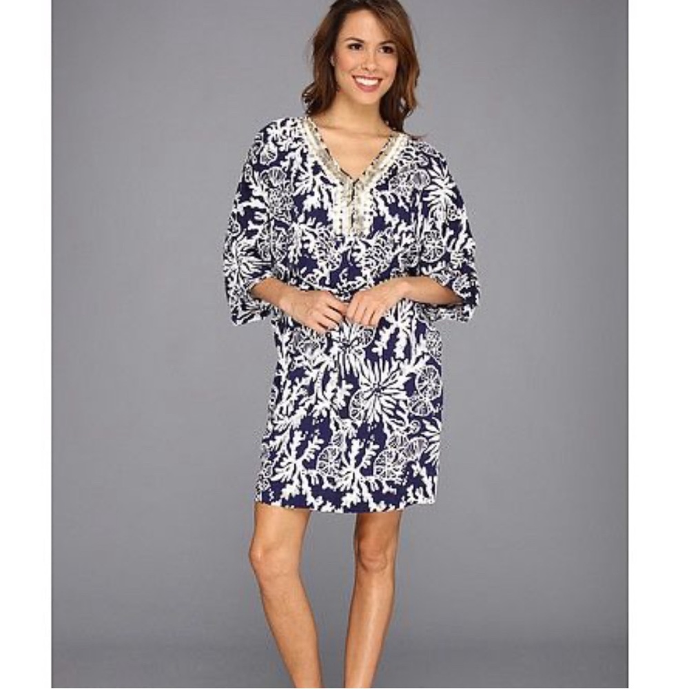 Lilly Pulitzer Navy & White Beaded Wilda Caftan Tunic Dress - Picture 2 of 12